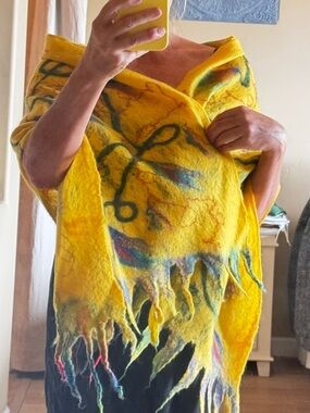 Handmade Yellow Felted Wool Scarf with Multicolor Floral Accents